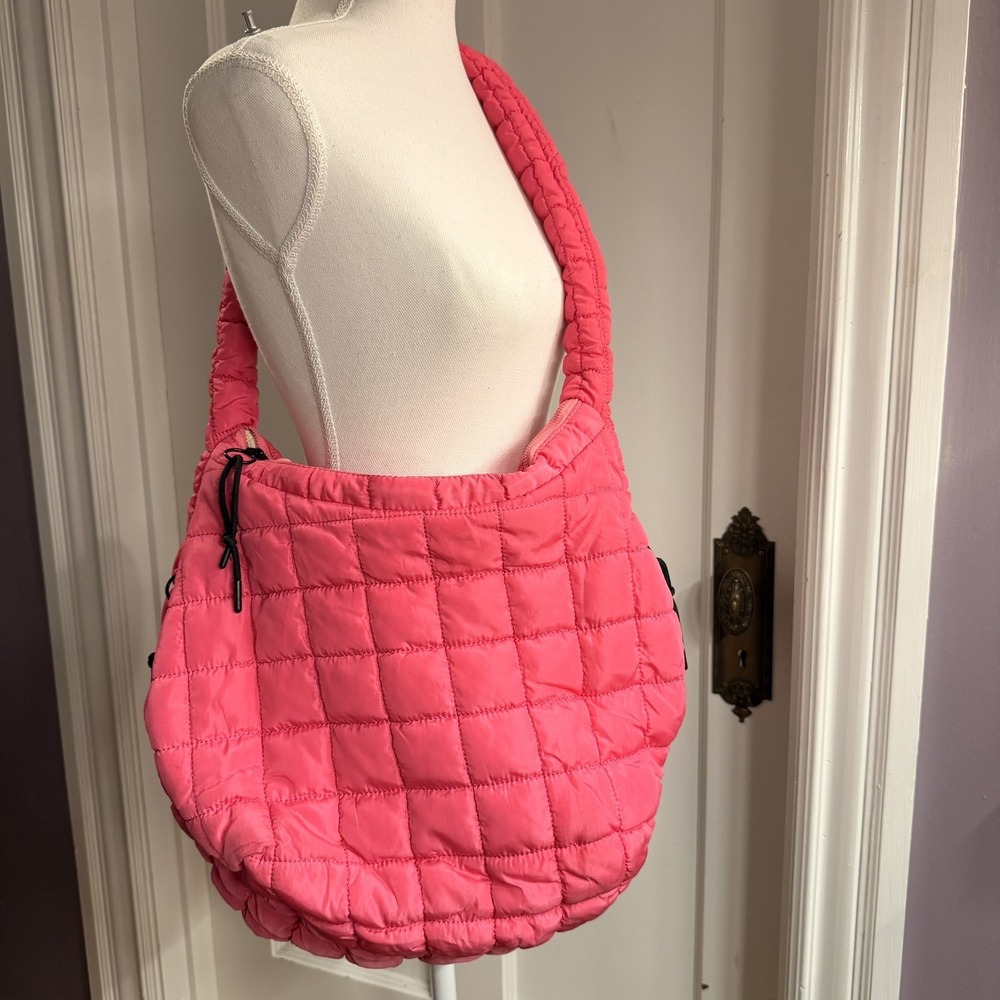 Pink‎ Nylon Puffer Quilted Purse Tote Handbag Slouch Bag, Beige Color Interior